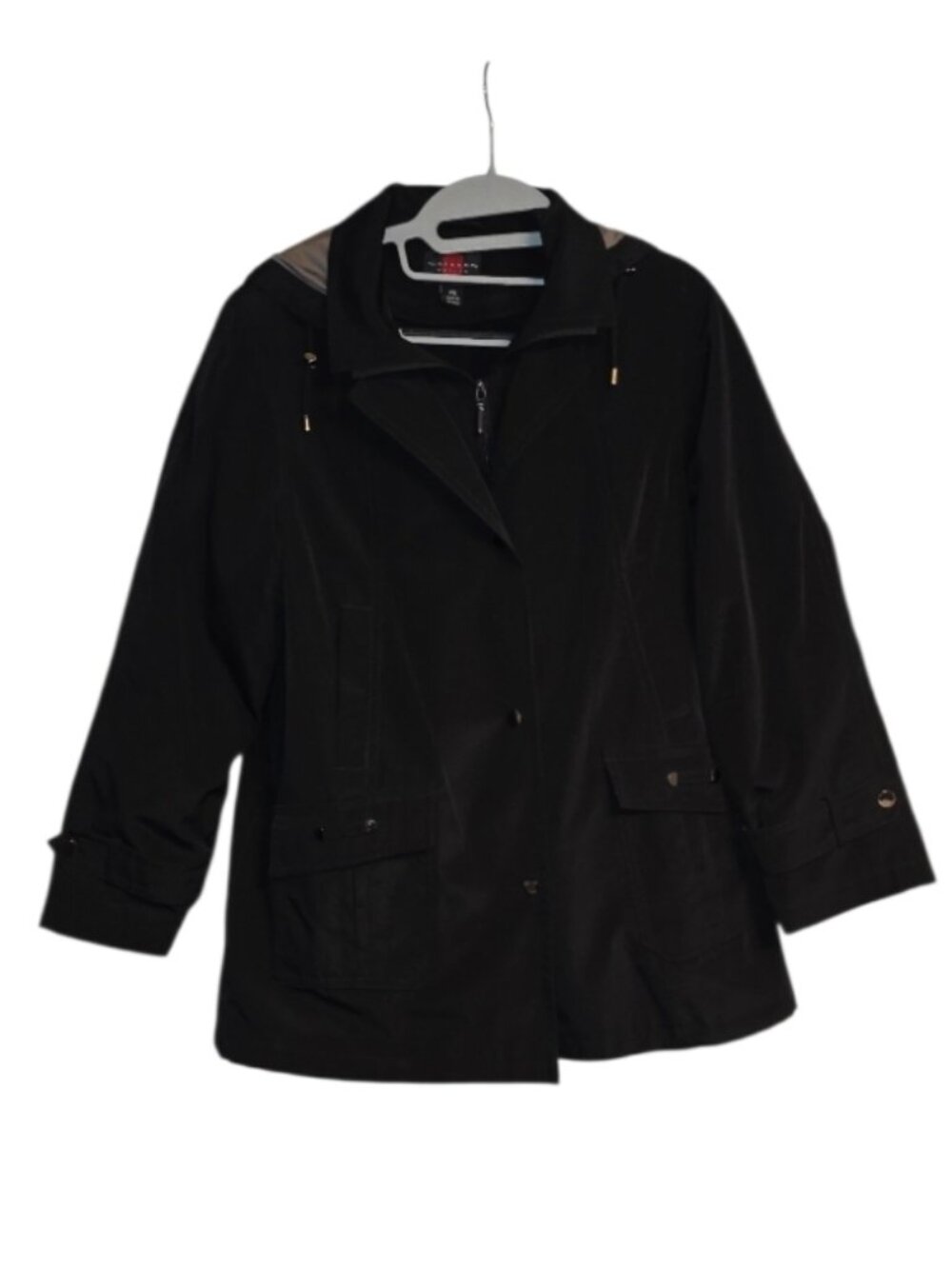 Gallery Petite Water Resistant Zip Front Rain Jacket Coat Hoodie Hood Black